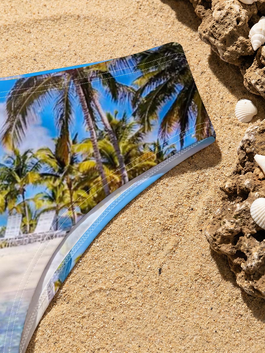 Sunny beach with palm trees and clear blue water -  Men's swim trunks