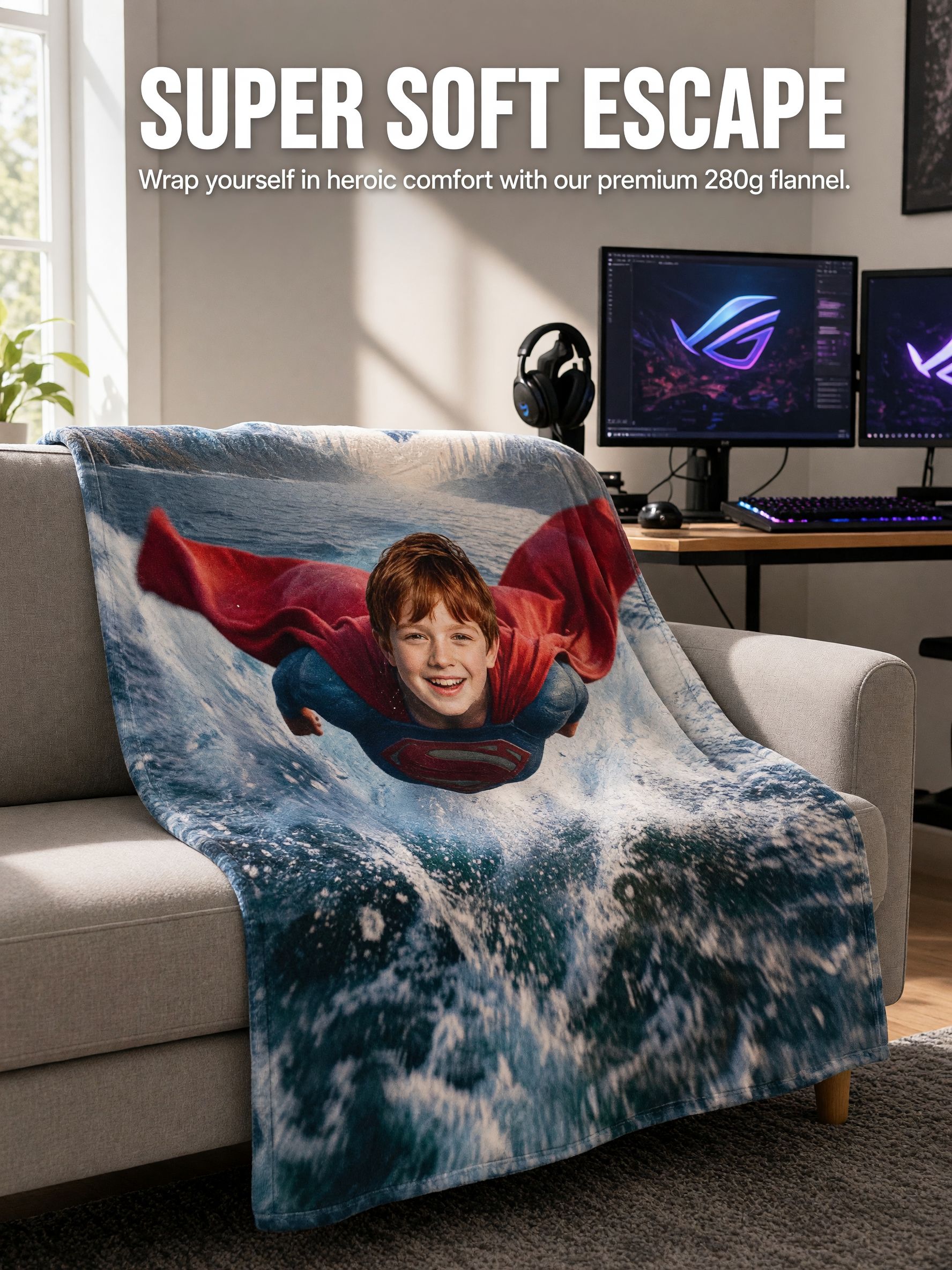 Custom Face Photo Blanket Personalized Superhero Flying Flannel Throw Ideal Birthday Gift for Kids