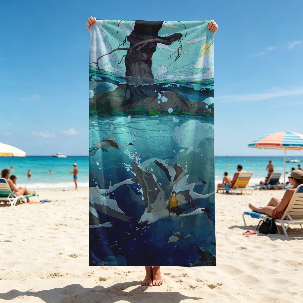 A boy rides a swan through a mystical underwater world beneath a giant tree. - Beach towels