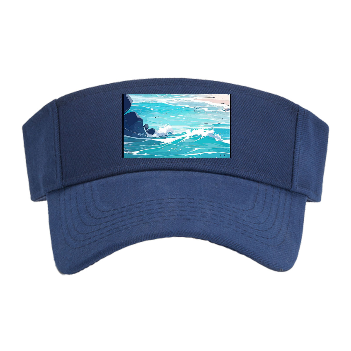 Turquoise waves crash on a rocky beach with distant city skyline and lush green hills under a bright sky. -  Visor cap
