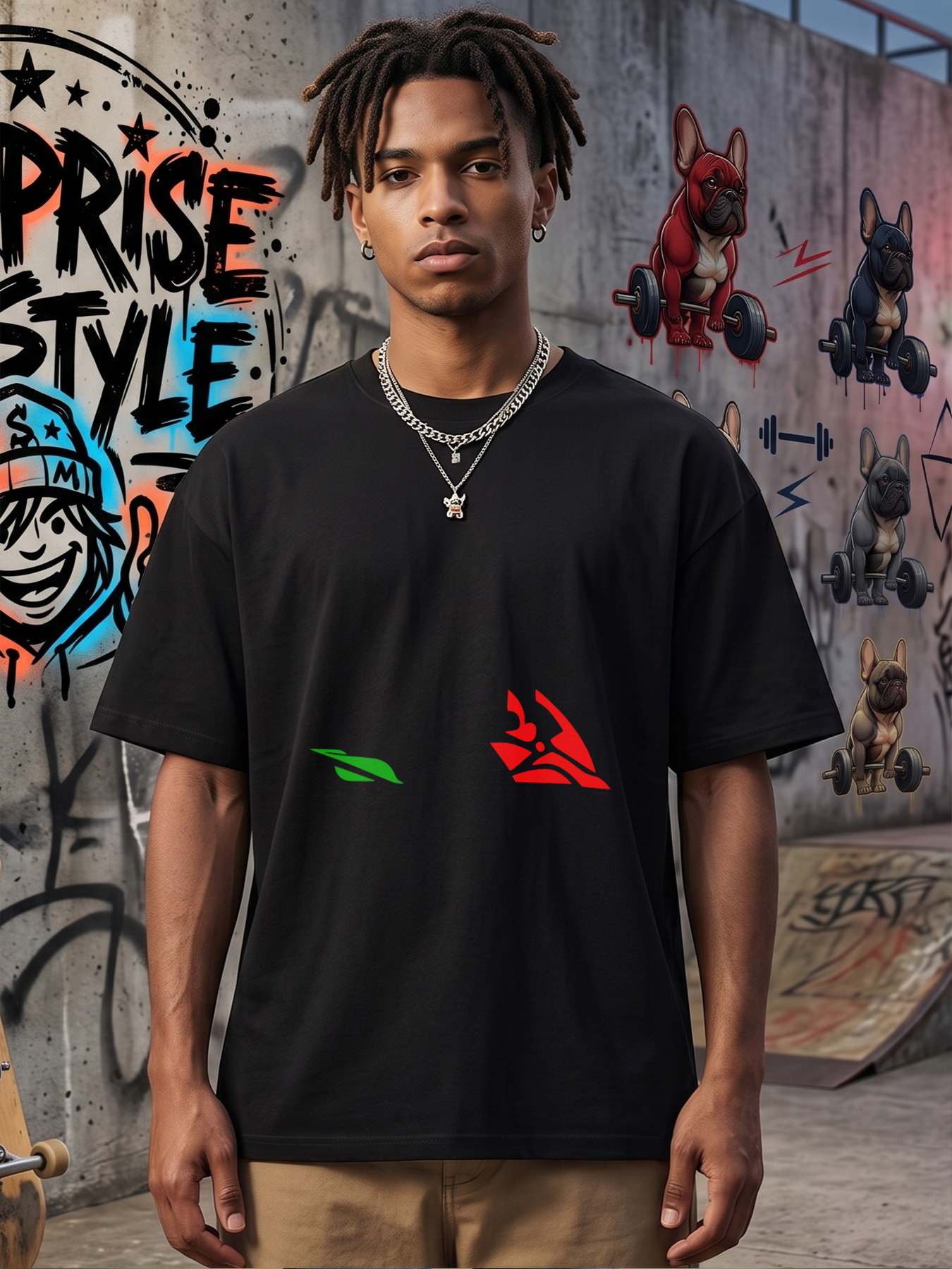 Men's Printed T-Shirt with Abstract Red and Green Graphic Design Casual Round Neck Lightweight Breathable Summer Short Sleeve Tee for Outdoor Activities and Everyday Wear Adult Men's Fashion Streetwear Style