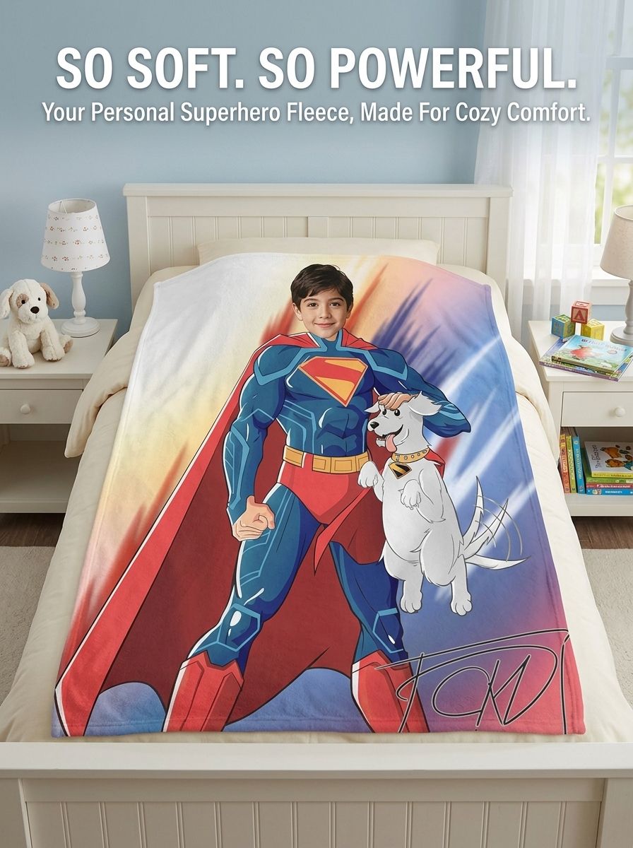 Custom Face Superhero Flannel Blanket, Personalized Photo Plush Throw for Kids and Adults, Cozy Bed and Couch Gift