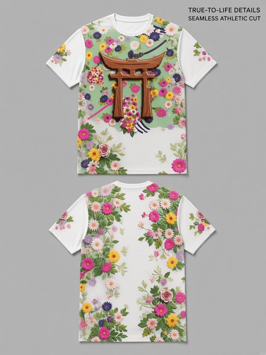 Japanese Floral Torii Gate 3D Optical Illusion Graphic Tee Breathable Athletic Mesh T-Shirt Casual Sports Wear