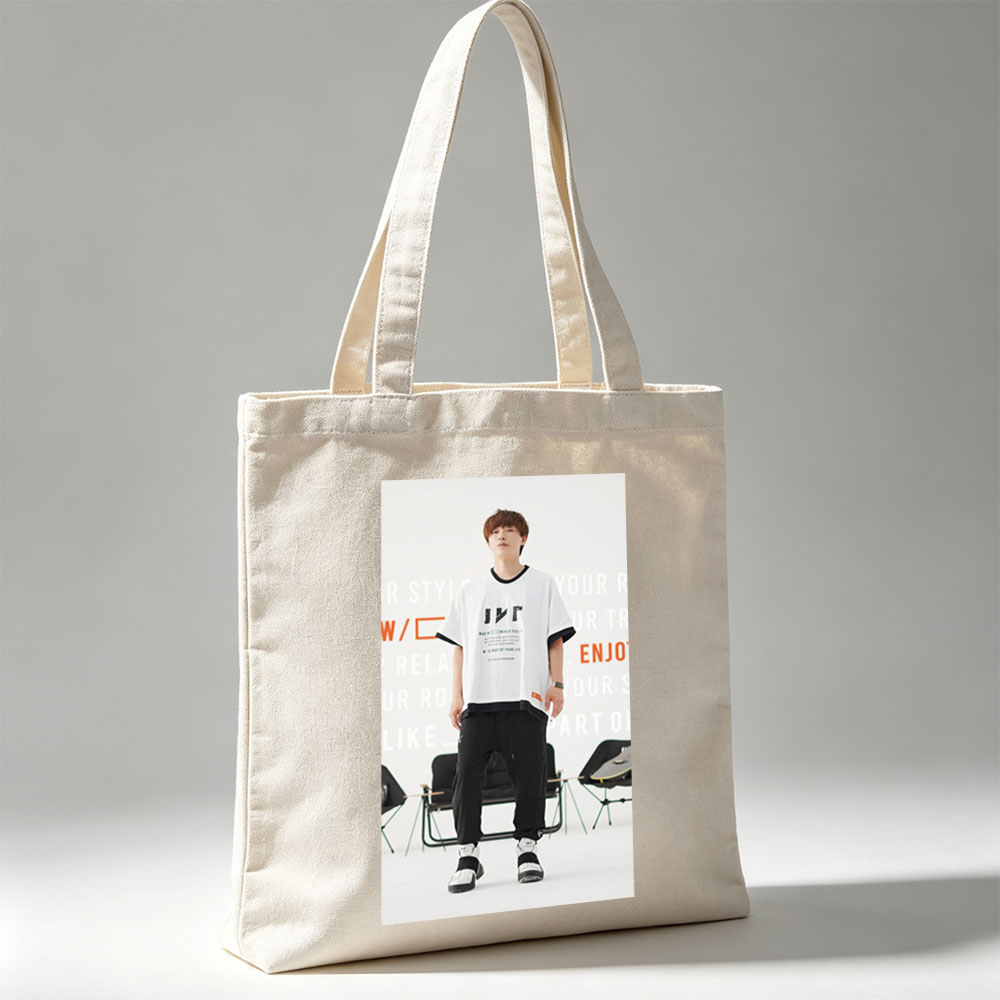 Jinwoo Park in Fashion Show - Wearing White Graphic Tee and Black Cargo Pants with Sneakers - Canvas tote bags