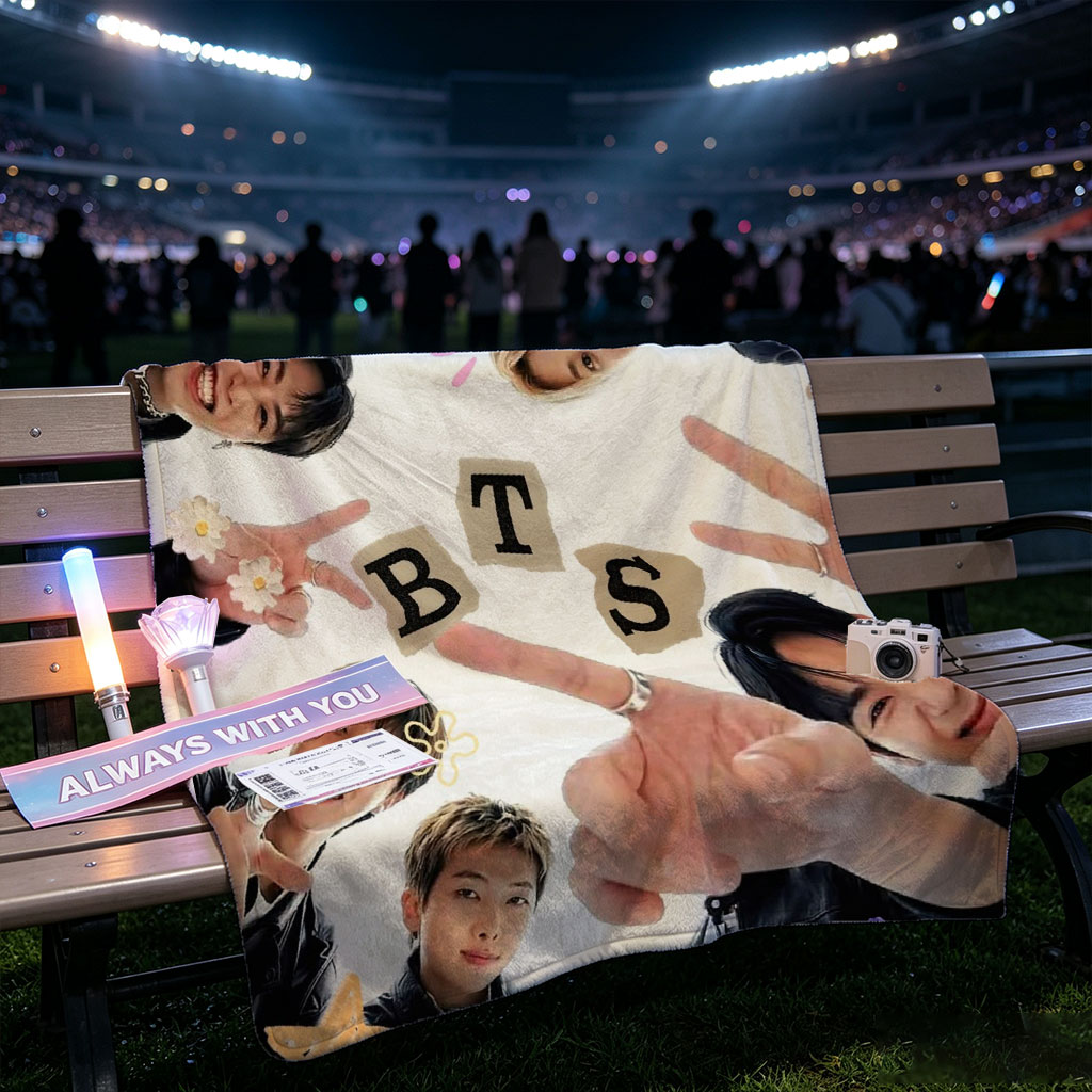 BTS Members in a Circle Forming BTS Letters with Hands and Expressive Poses - Blankets