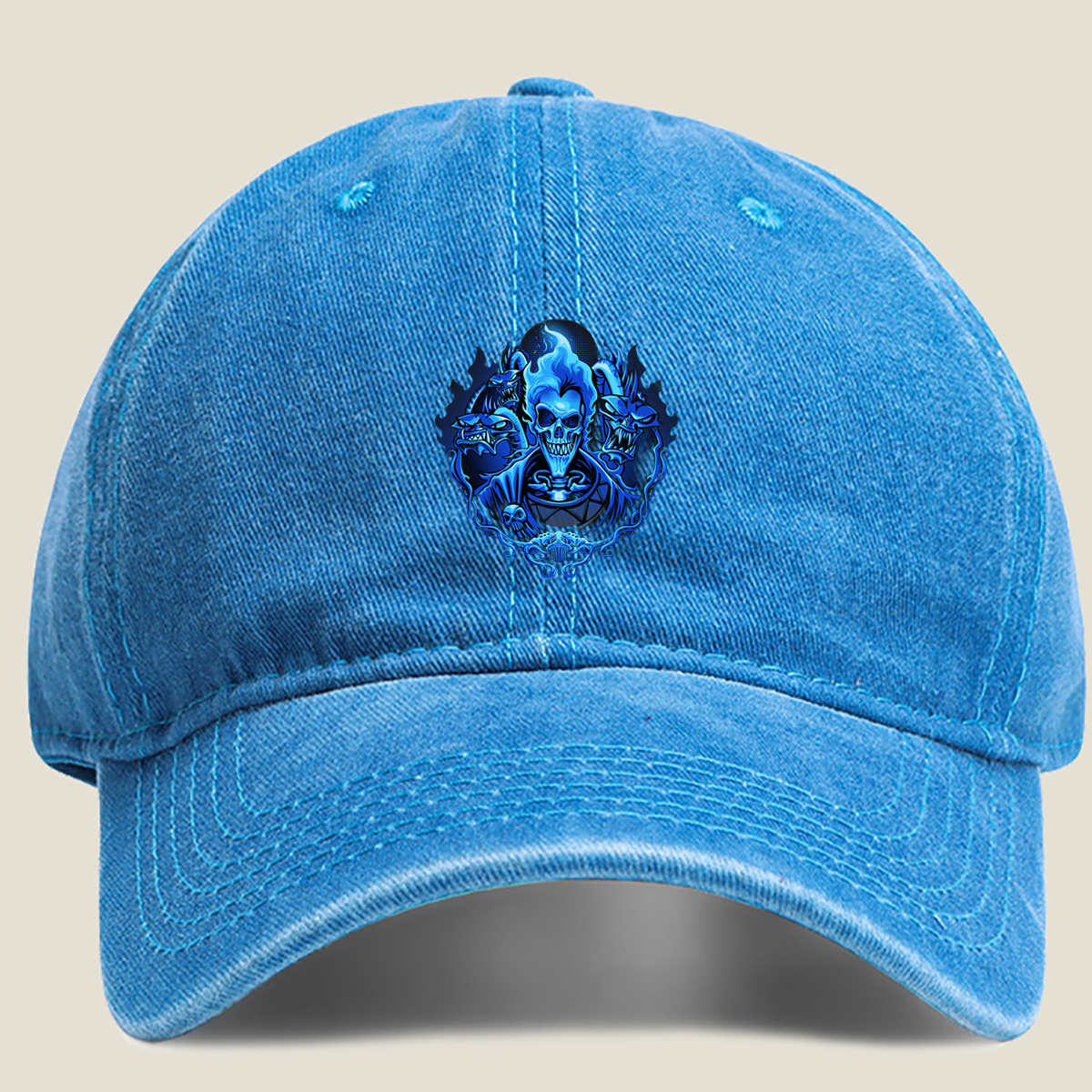 Blue Flame Skull with Demonic Creatures - Washed Denim - Baseball Cap
