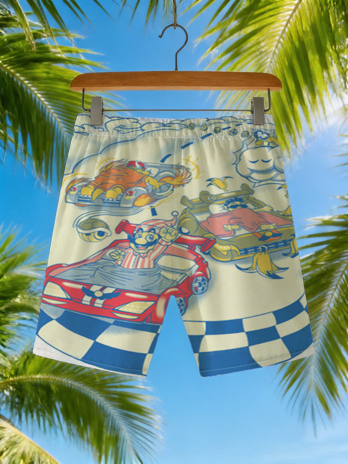 Mario Kart Dream Race: Mario, Bowser, and Koopa Troopa in a Cloudy Sky Sprint -  Beach shorts