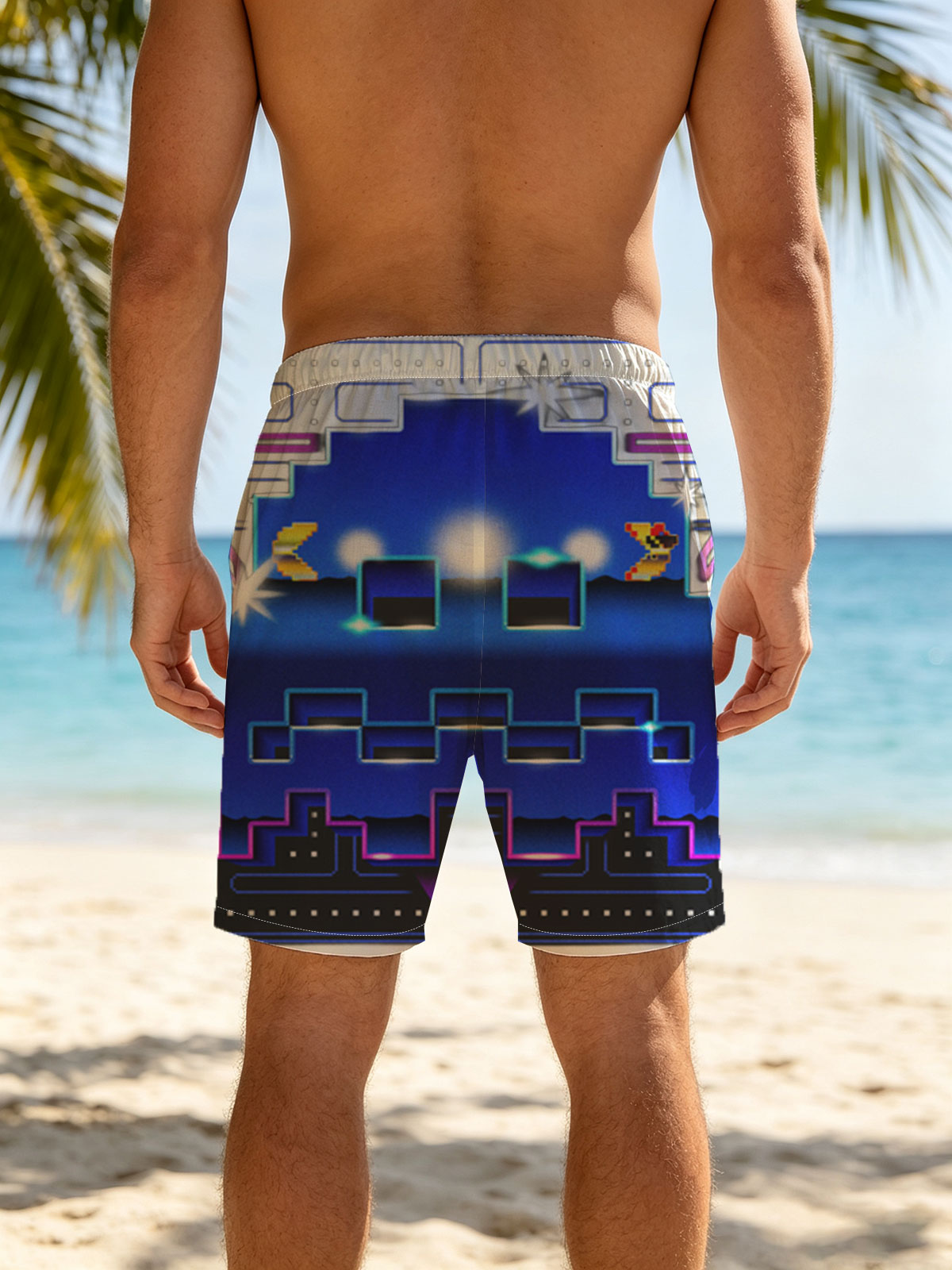 Pac-Man and Ghost in Neon Pixel Maze Adventure -  Beach shorts