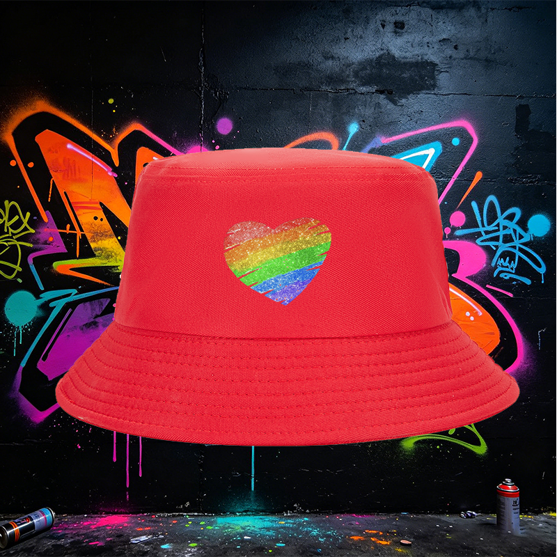 Unisex Bucket Hat with Rainbow Heart Print Glitter Design - Classic Cotton Sun Hat for Outdoor Activities, Beach, Travel, and Pride Events - Suitable for Adults, Men and Women, Casual Fashion Statement Accessory