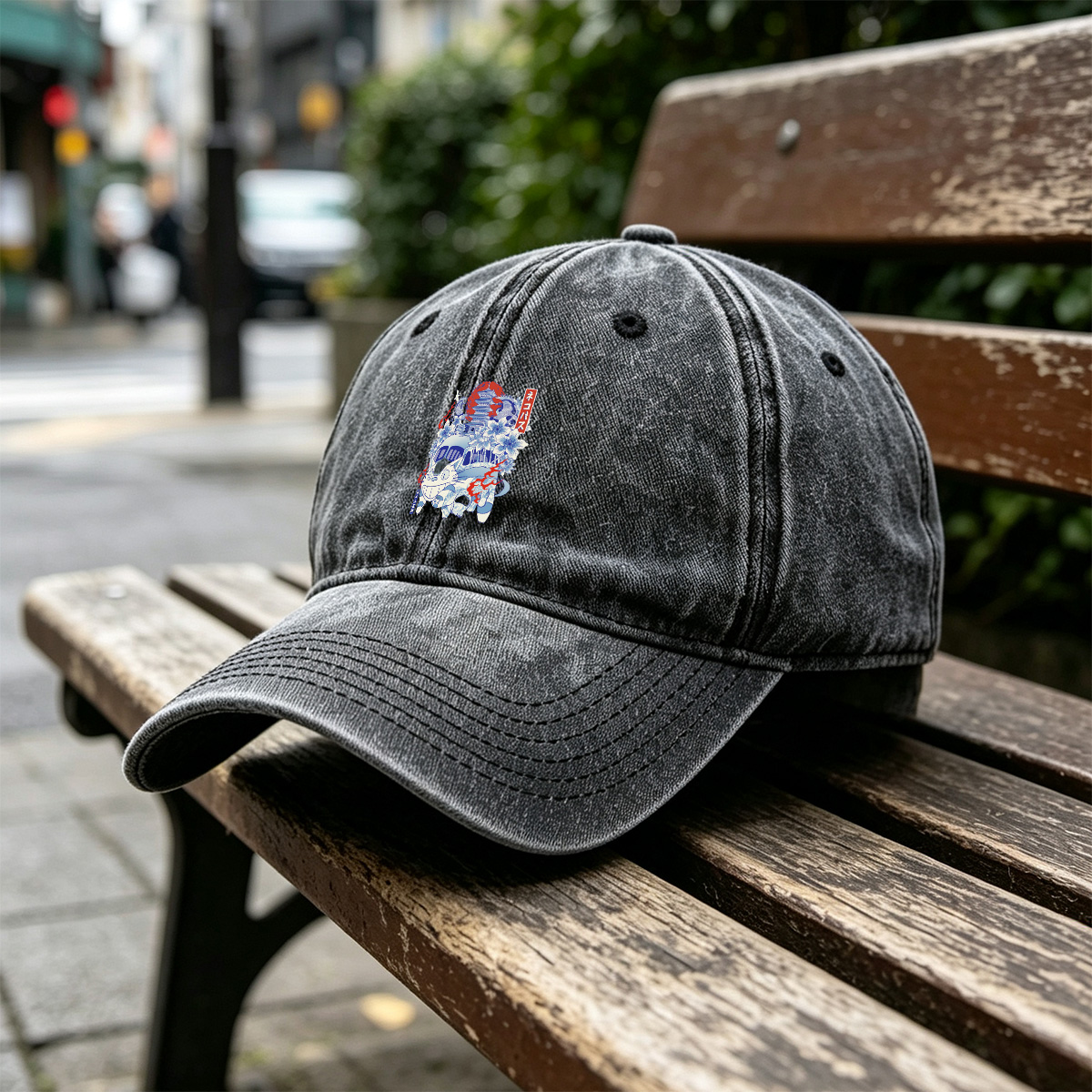 Neko Pass: Catbus and Japanese Landmarks - Washed Denim - Baseball Cap
