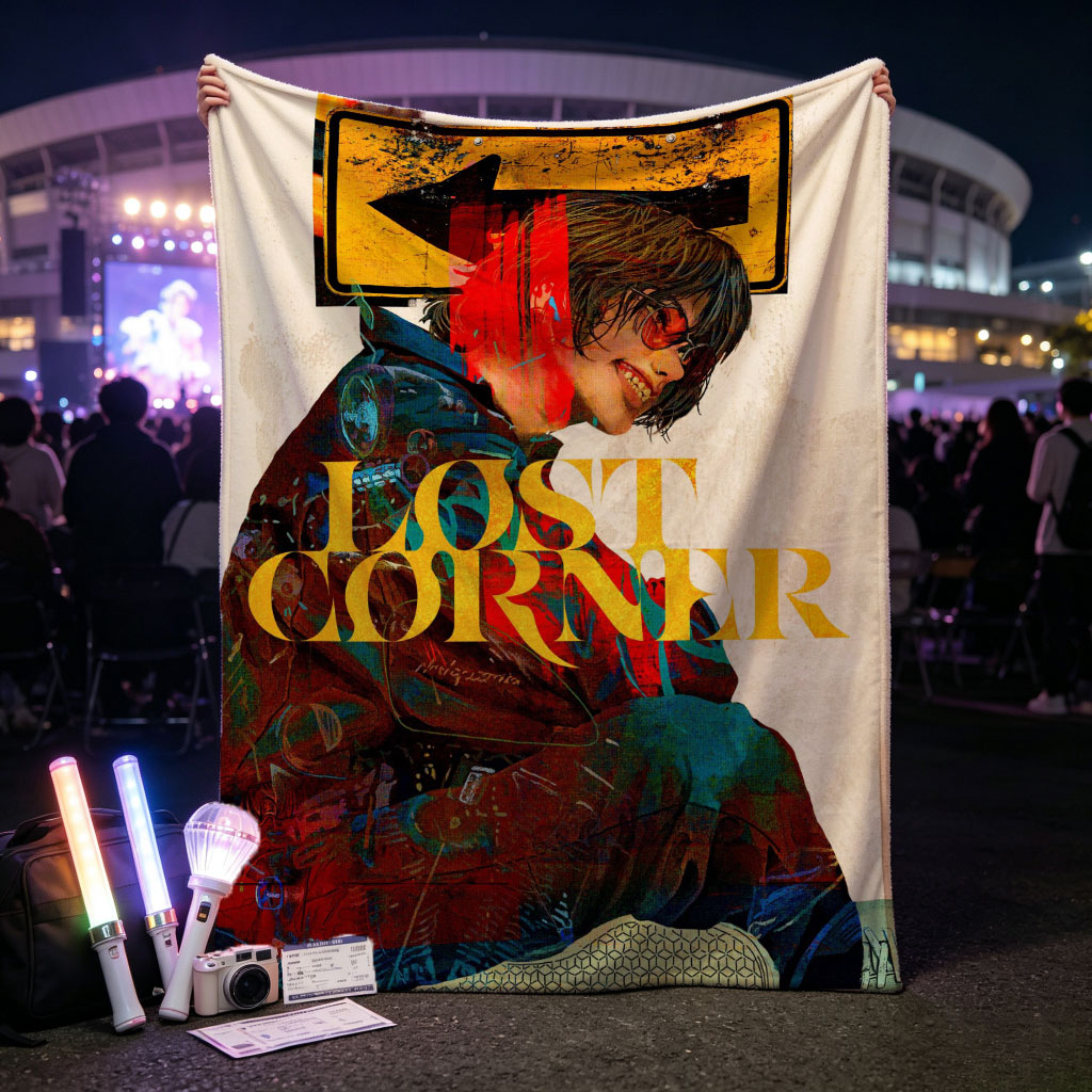 Lost Corner Band in Urban Scene with Graffiti-Style Art and Directional Sign - Blankets