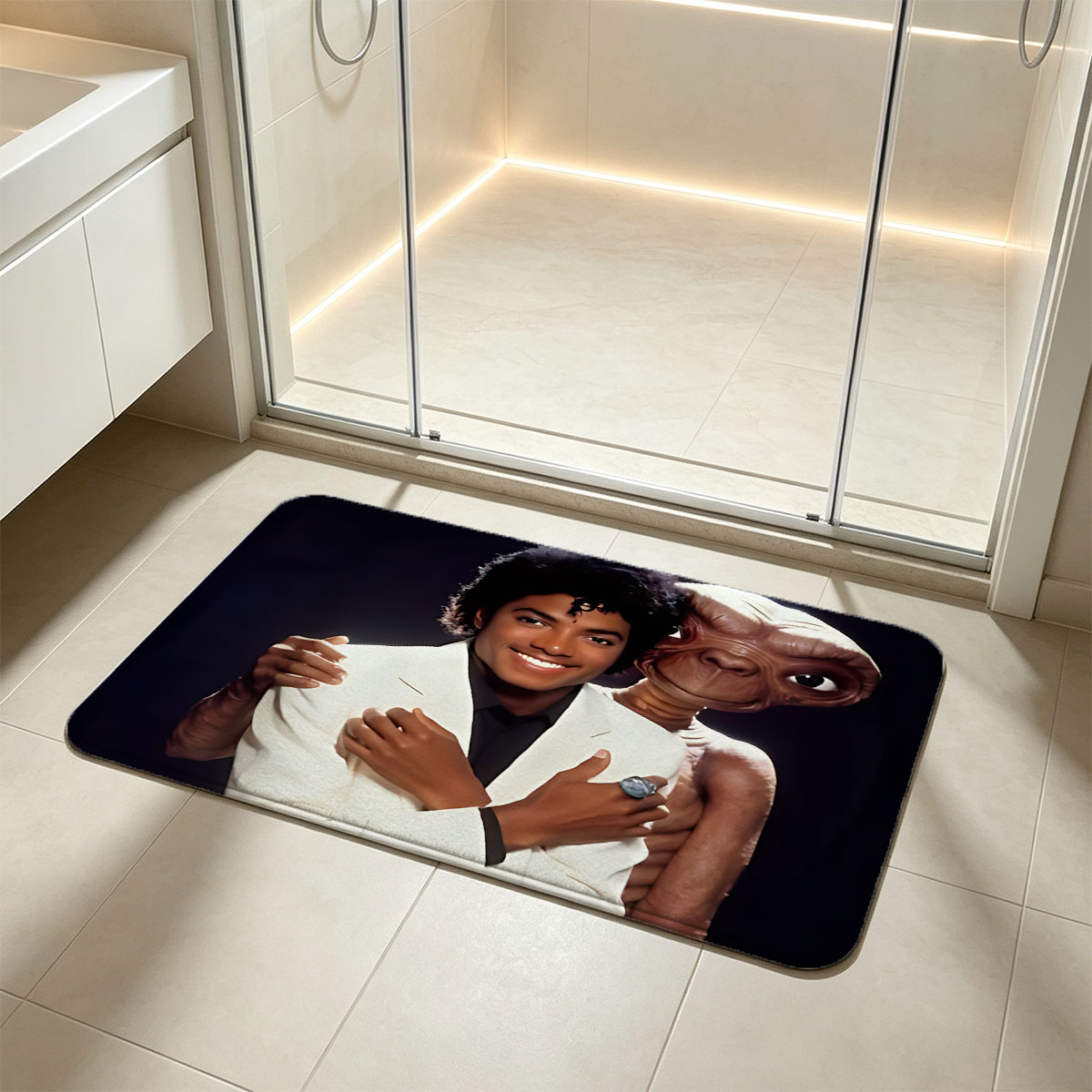 Michael Jackson and E.T. the Extra-Terrestrial in a playful pose - Flannel floor mat