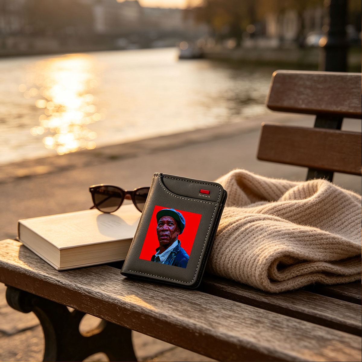 Morgan Freeman in a blue cap and jacket against a red background - Vertical Style Wallet