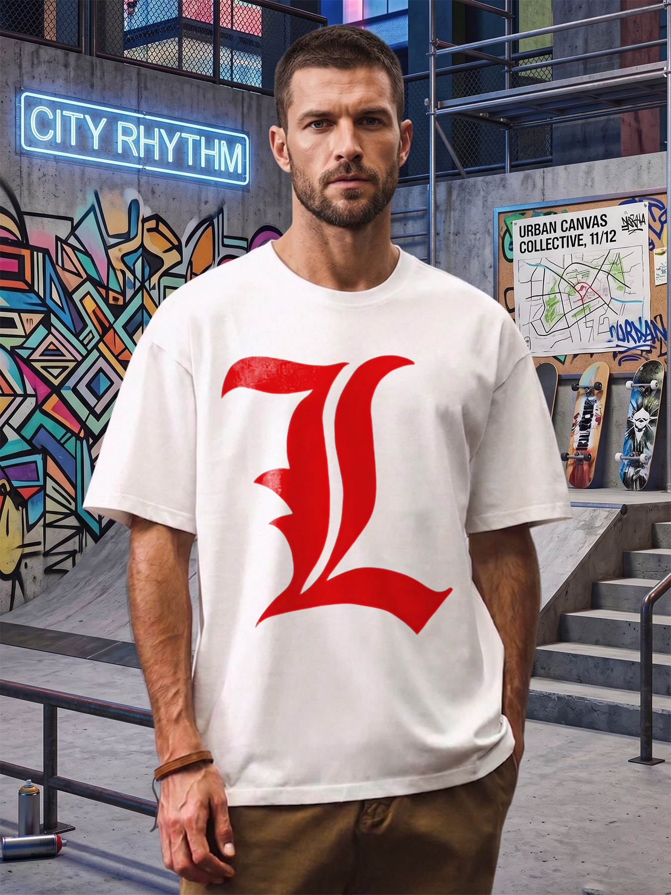 Men's Printed T-Shirt with Bold Red Gothic Letter L Design Casual Round Neck Summer Lightweight Breathable Short Sleeve T-Shirt for Everyday Wear and Outdoor Activities Suitable for Young Adults and Fashion-Lovers