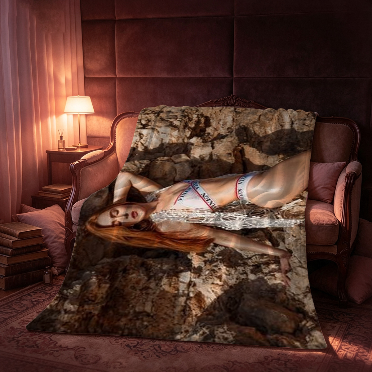 Woman in pink qipao holding red fu character in snowy mountains. - Blanket