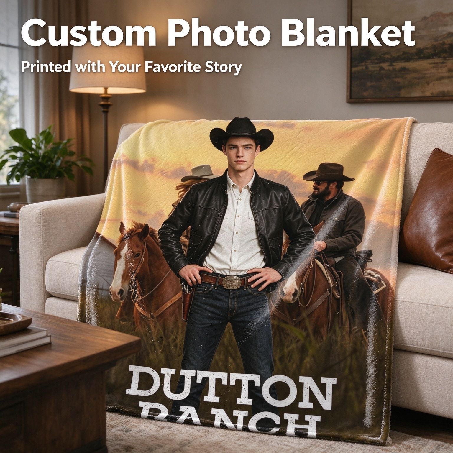 Personalized Custom Face Blanket Western Cowboy Style Soft Flannel Fleece Throw Skin Friendly Anti Pilling Keepsake Gift