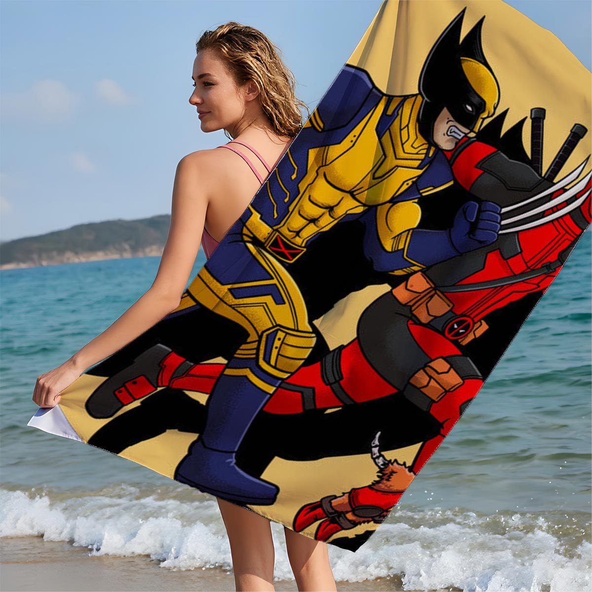 Wolverine and Deadpool in Action with Dogpool - Beach towels