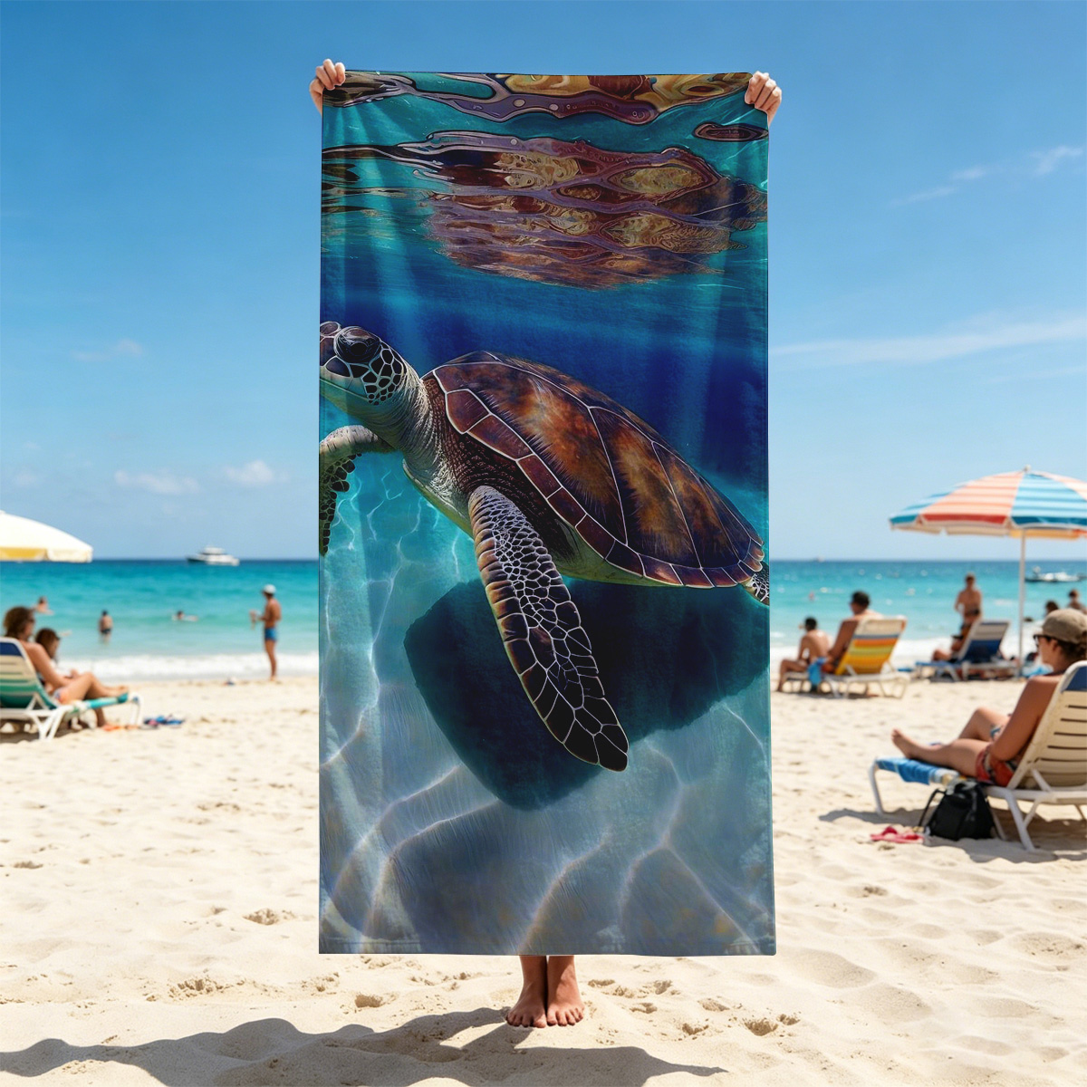 Sea Turtle Swimming in Crystal Clear Waters - Beach towels