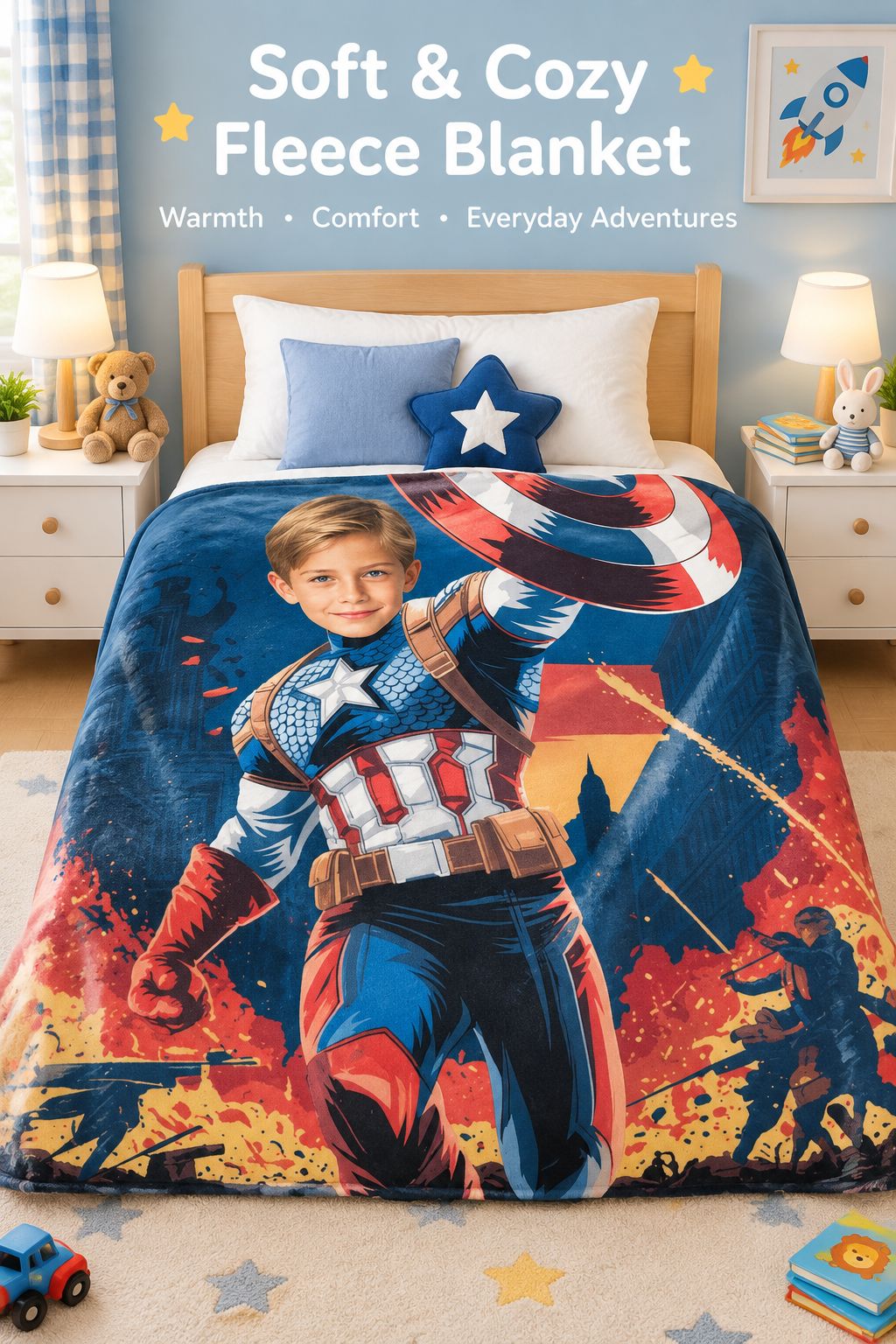 Custom Photo Face Superhero Fleece Blanket Personalized Flannel Throw for Kids Bed Couch Cozy Gift