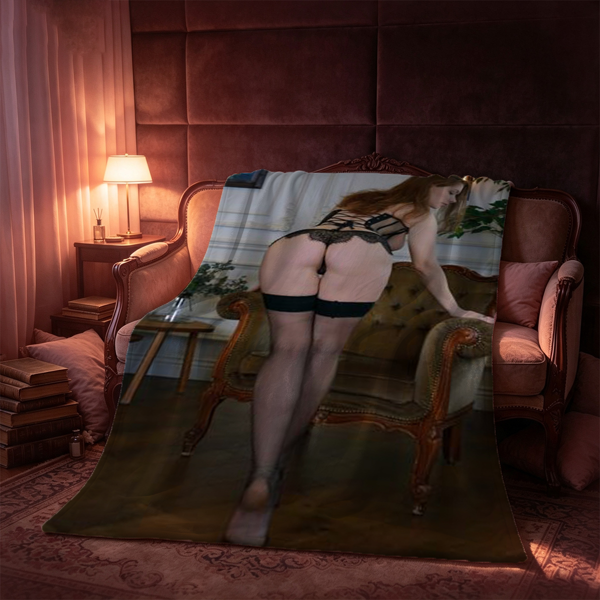 Japanese Model in White Lace Lingerie and Garter Belt Sitting by Window - Blanket