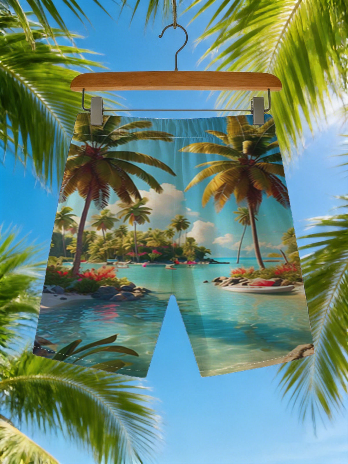 Tropical Paradise with Palm Trees and Crystal Clear Water -  Beach shorts