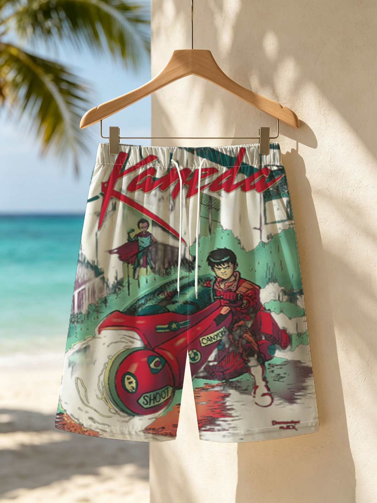 Kaneda on Red Motorcycle with Future City Background -  Beach shorts
