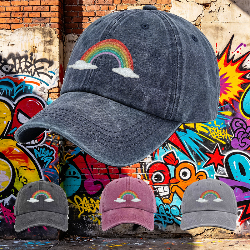 Men's Printed Washed Cap with Glitter Rainbow and Cloud Design, Casual Round Brim Summer Lightweight Hat for Outdoor Activities, Perfect for Young Adults and Trendy Streetwear Enthusiasts