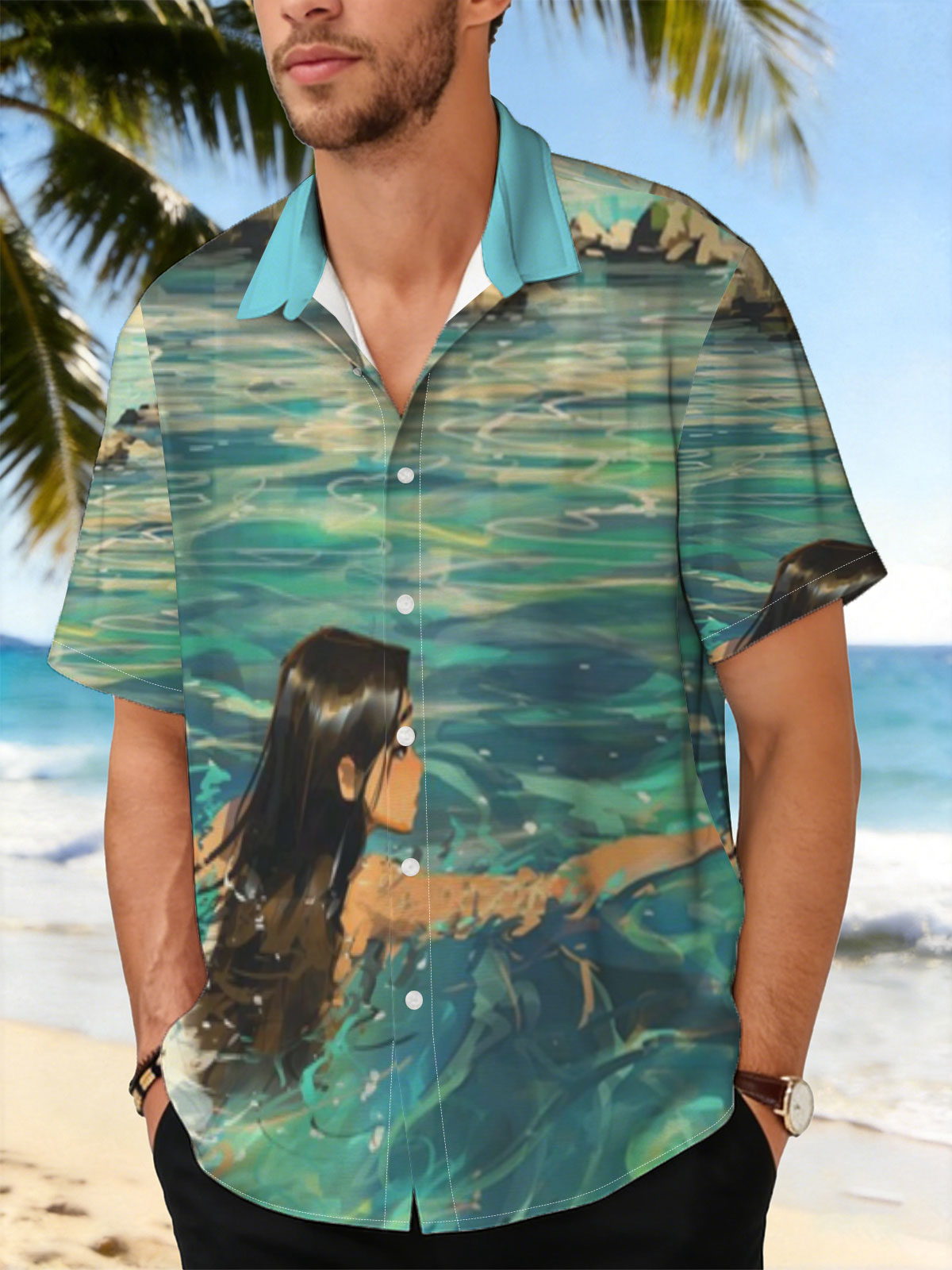 Woman swimming in clear blue water near rocky shore -  Shirt