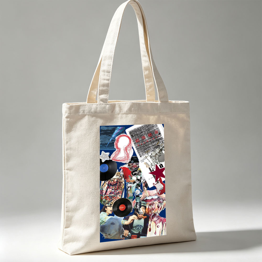 BTS Music Collage Featuring Vinyl Records, Guitars, and Artistic Elements - Canvas tote bags