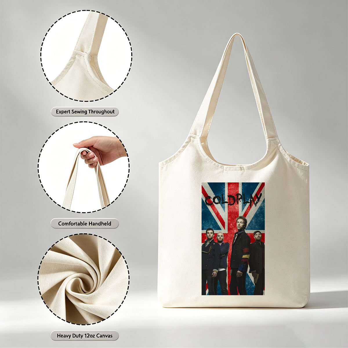 Coldplay Band Members Standing in Front of a British Flag Background - Canvas shoulder bags/