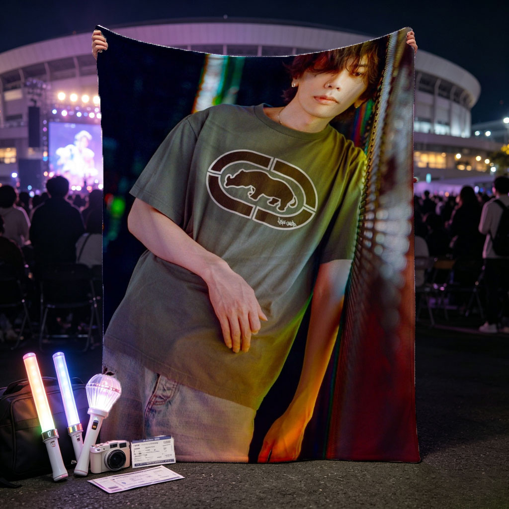 Miyavi in Urban Night Scene Wearing Olive Green T-Shirt with Bear Logo and Distressed Jeans - Blankets