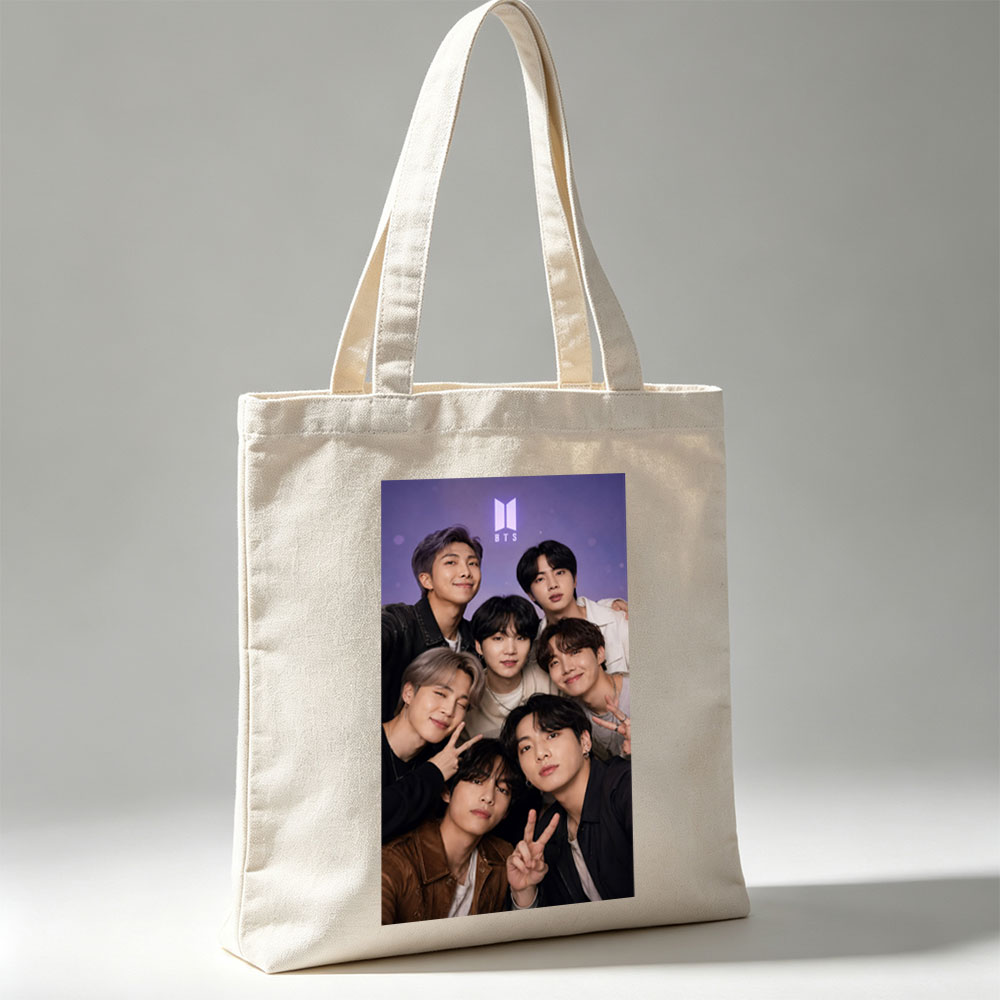 BTS Group Photo - Seven Members Posing Together with Peace Signs and Smiles Against a Purple Background - Canvas tote bags
