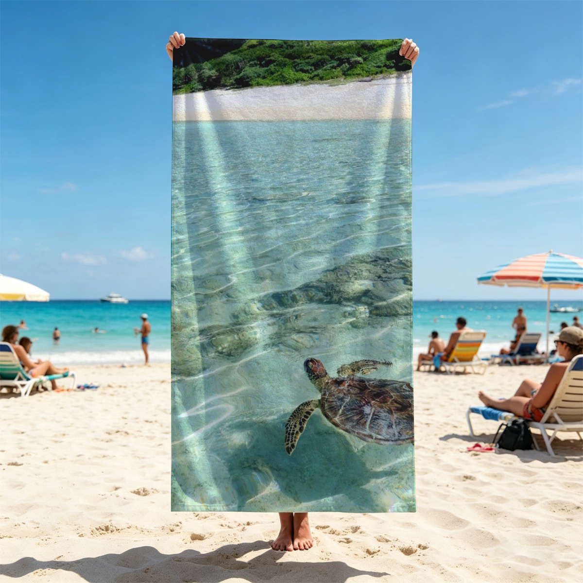 Sea Turtle Swimming in Crystal Clear Waters Near Sandy Beach - Beach towels