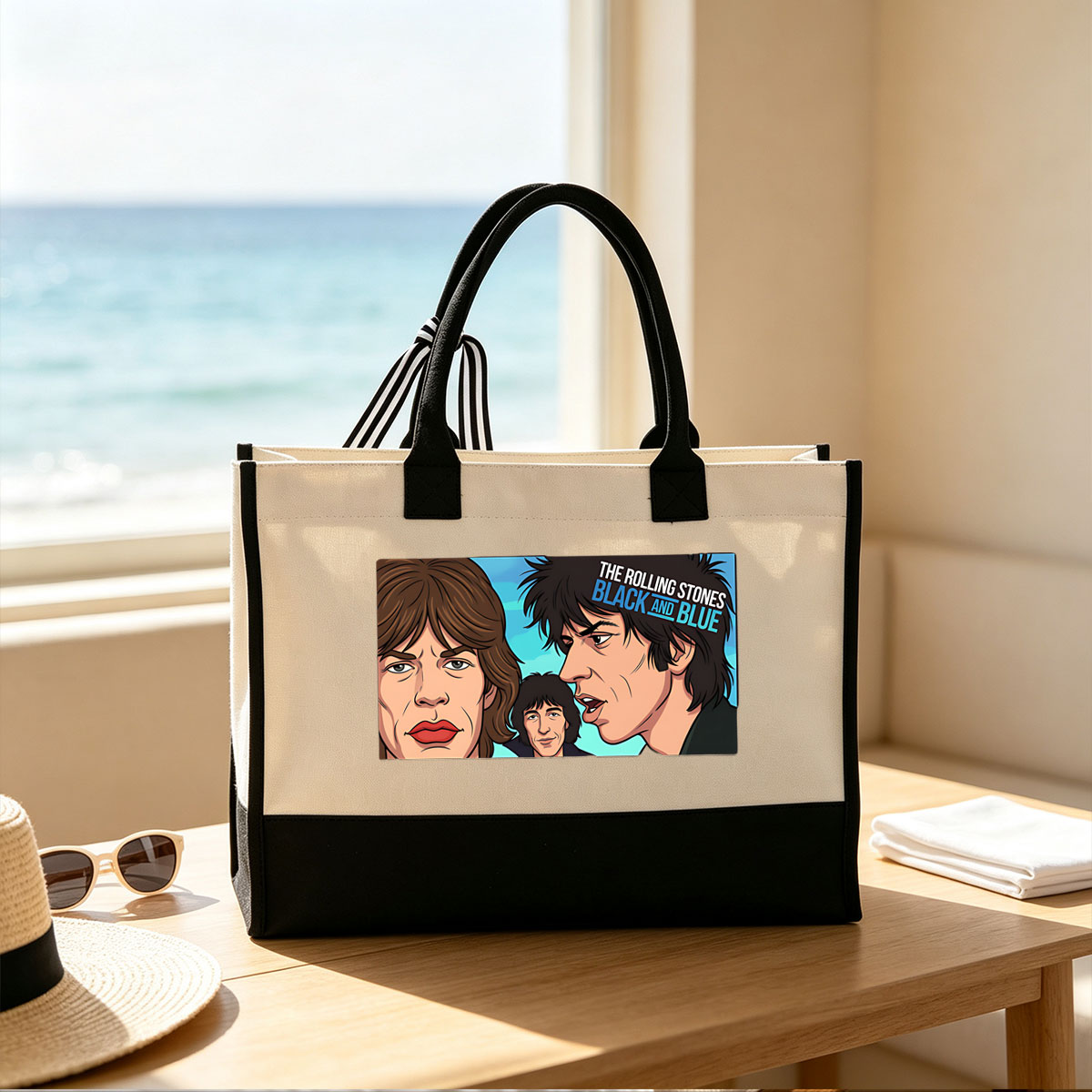 The Rolling Stones: Black and Blue - Mick Jagger, Keith Richards, and Ronnie Wood in Animated Portrait - Canvas patchwork gift tote bag
