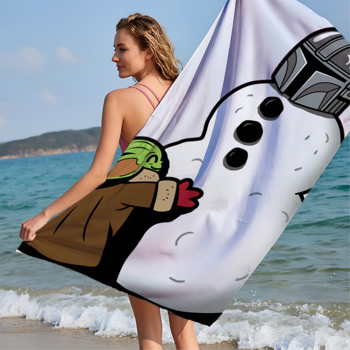 Baby Yoda Builds a Snowman with Mandalorian Helmet - Beach towels