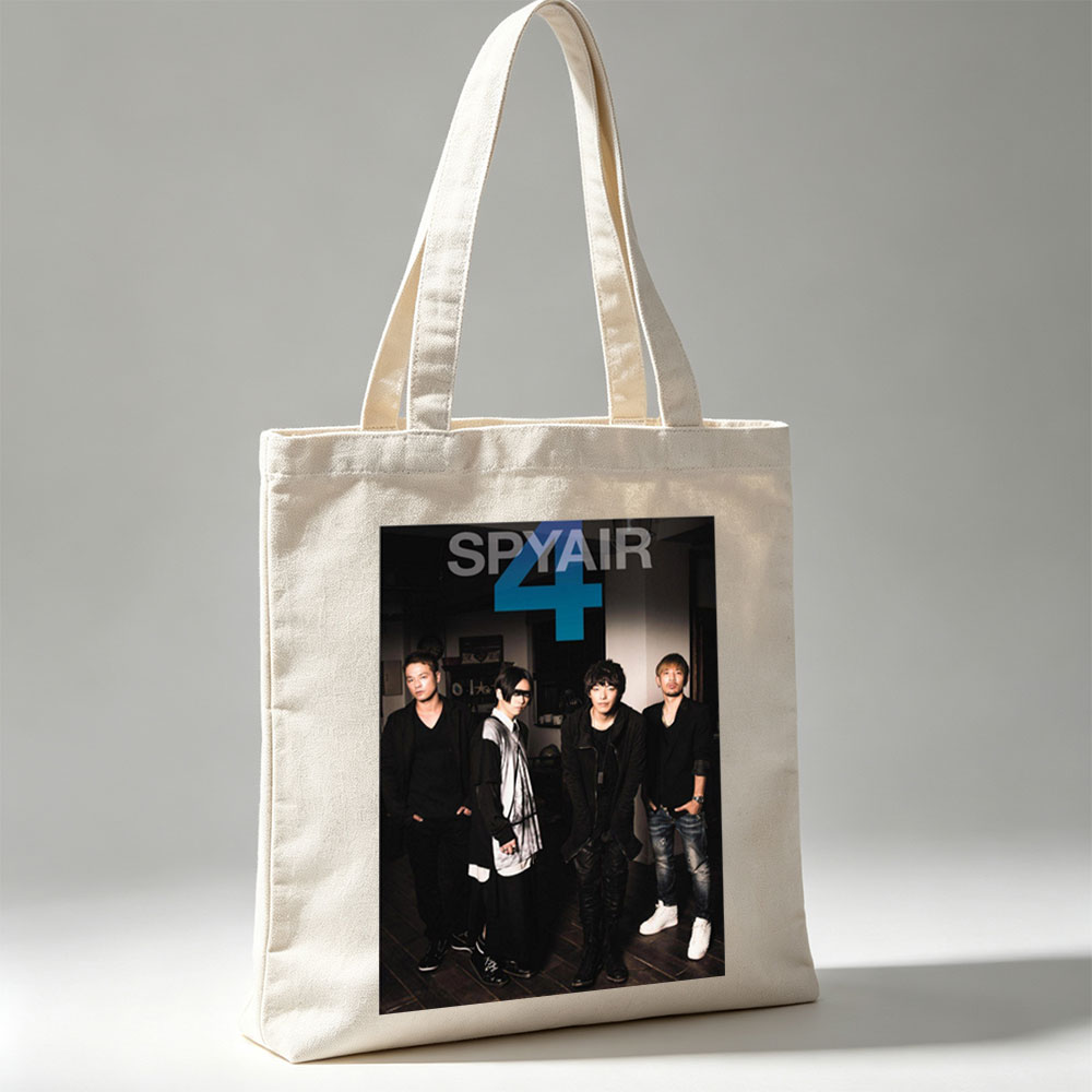 SPYAIR Band Members Standing in a Dimly Lit Room with Bold Number 4 and Band Name Overlay - Canvas tote bags