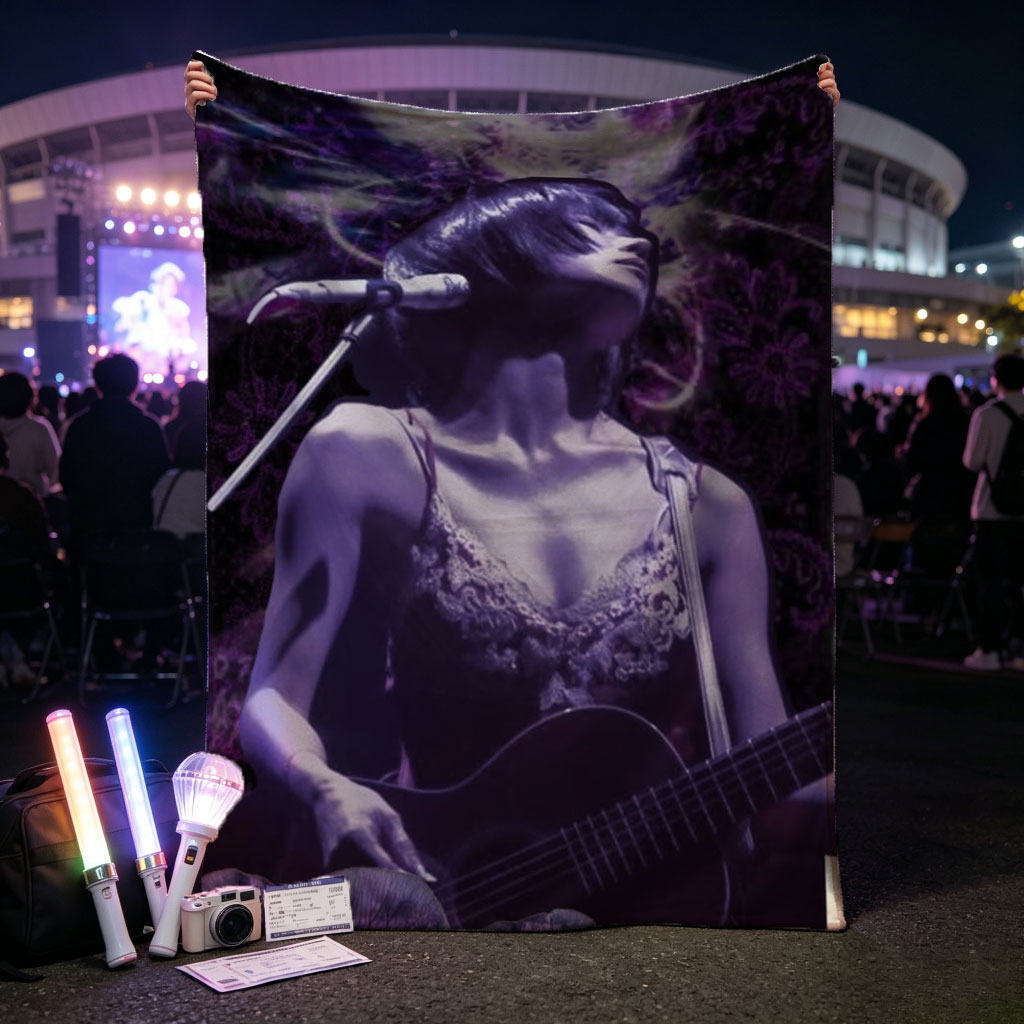 Bj?rk Performing with Guitar in Purple Floral Scene - Blankets