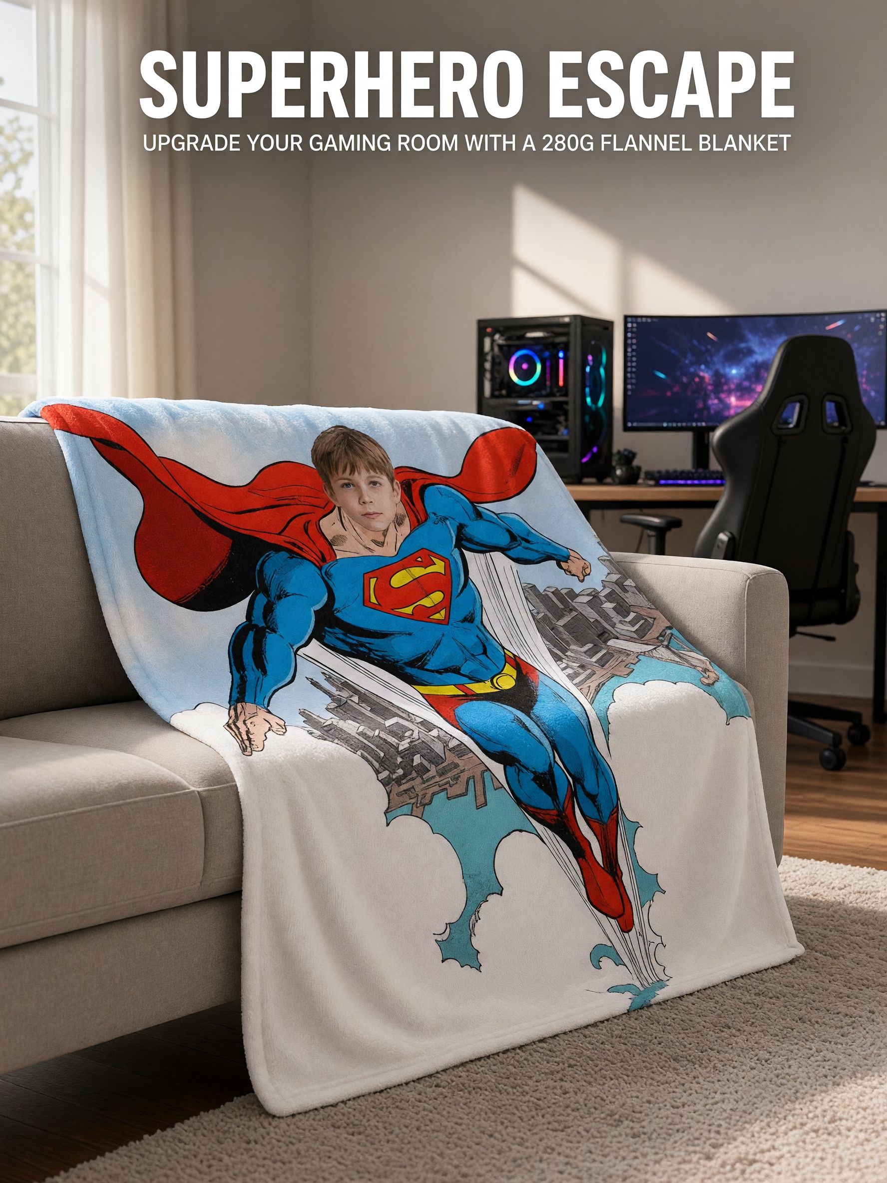 Custom Face Superhero Blanket, Ultra-Soft Flannel Comic Flying Hero Throw, Ideal Personalized Gift for Kids and Adults