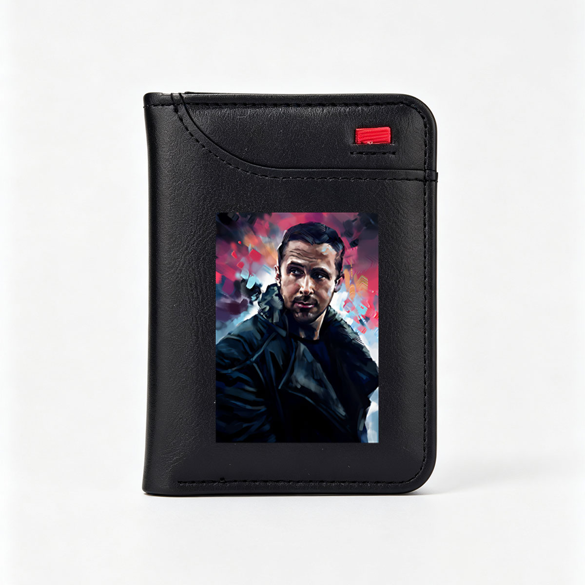 Ryan Gosling in a dramatic, stylized portrait with vibrant, abstract background - Vertical Style Wallet
