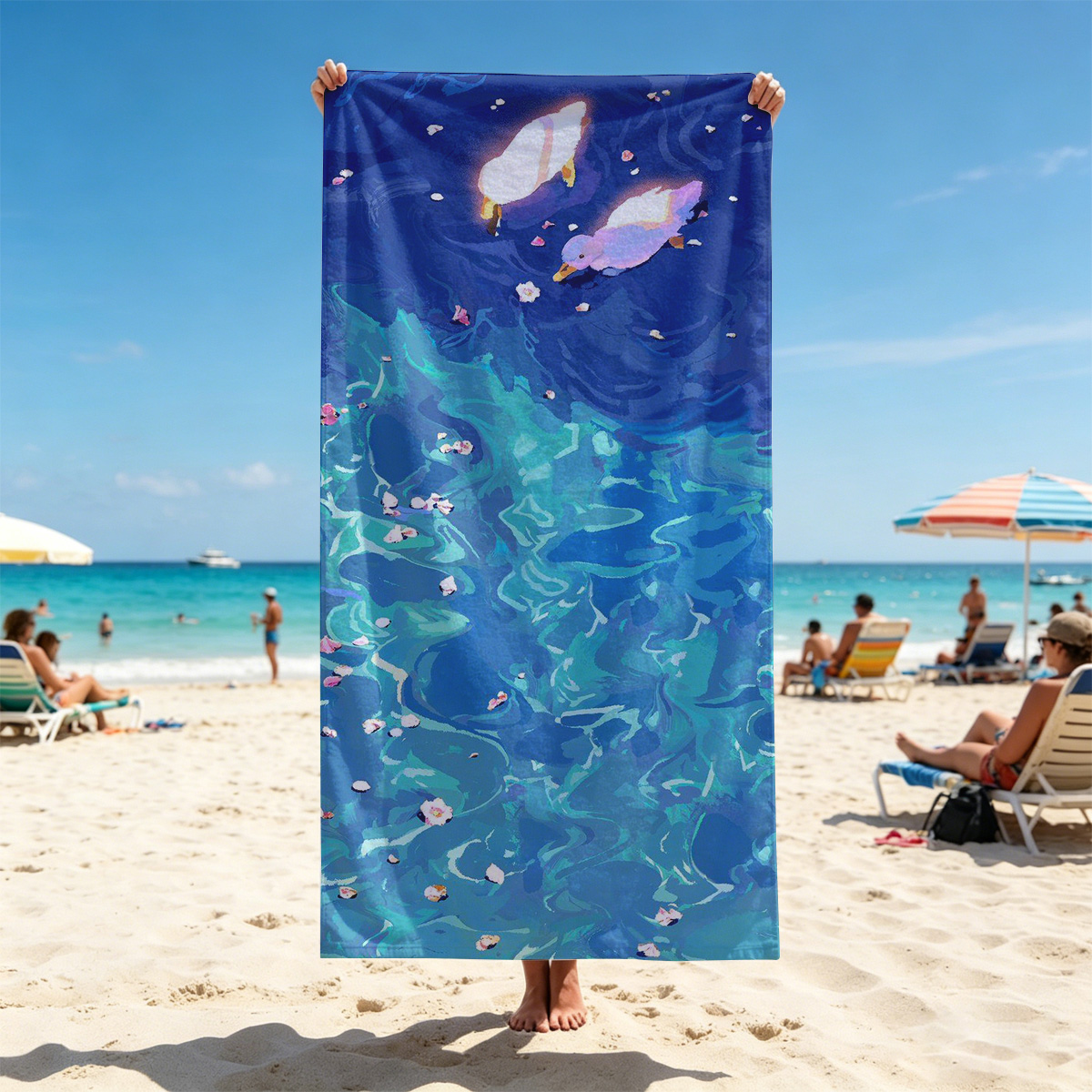 Ducks floating on a vibrant blue pond with scattered petals - Beach towels
