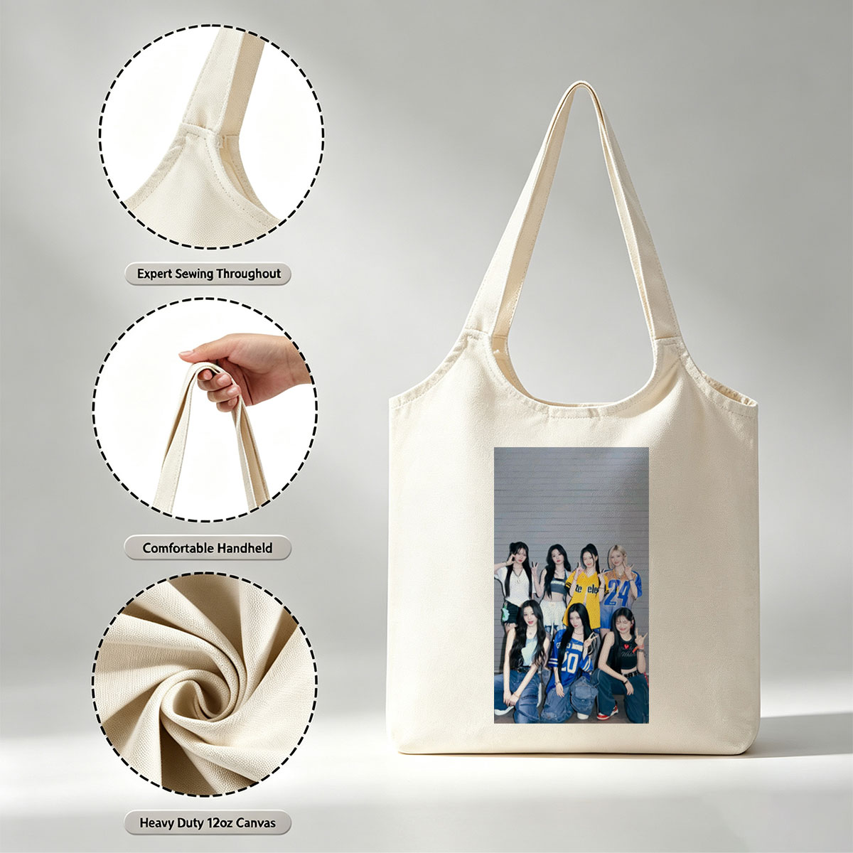 Kep1er Group Photo - Seven Members Posing in Casual Sporty Outfits Against a Gray Wooden Wall - Canvas shoulder bags/