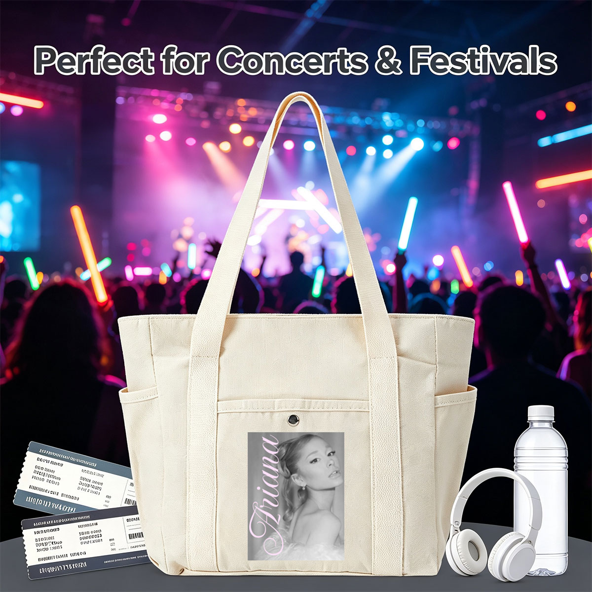 Ariana Grande Elegant Black and White Portrait with Pink Text Overlay - Multi-pocket bags