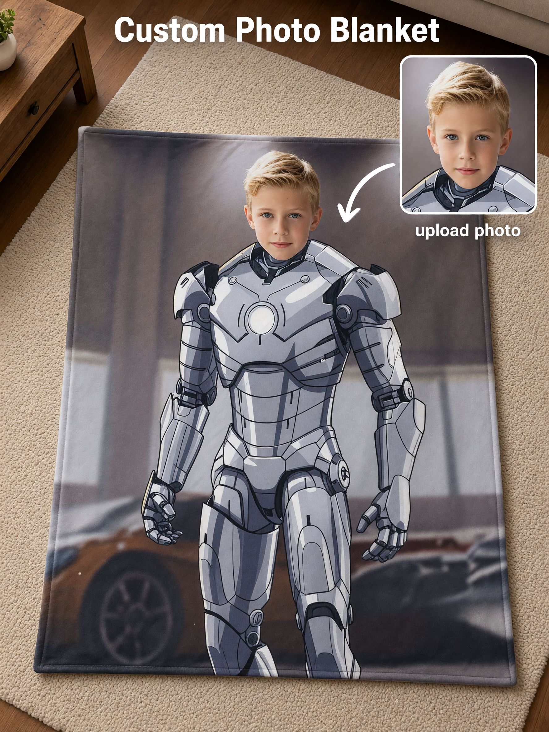 Custom Face Superhero Flannel Blanket, Personalized Photo Armor Fleece Throw, Cozy Anti-Pilling Keepsake Gift for Kids