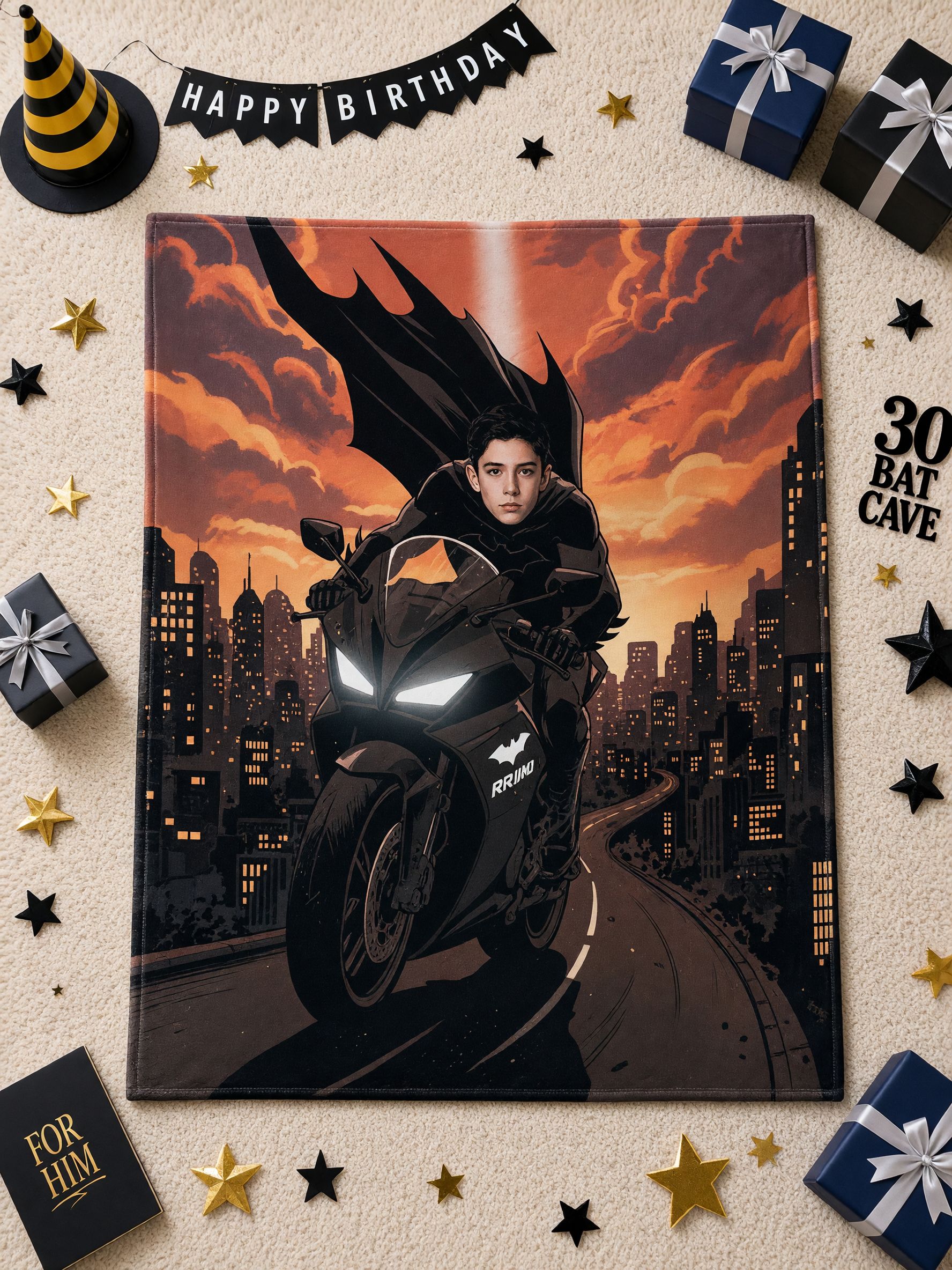 Custom Photo Face Superhero Motorcycle Flannel Blanket, Personalized Soft Plush Throw for Bed Couch and Travel Gift
