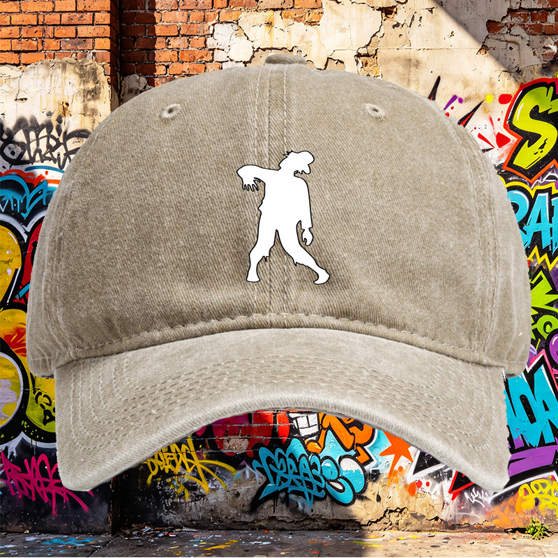 Unisex Classic Washed Cotton Hat with Zombie Silhouette Print – Perfect for Halloween, Outdoor Adventures, and Casual Wear – Ideal for Teens and Adults Seeking Unique Streetwear Style