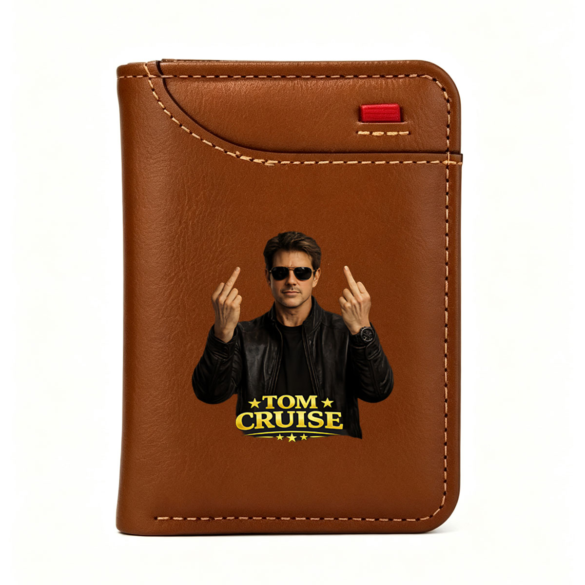 Tom Cruise in a leather jacket and sunglasses, making middle finger gestures with both hands. - Vertical Style Wallet