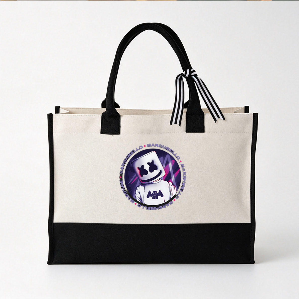 Marshmello DJ Character with Iconic Helmet and Logo Design - Canvas patchwork gift tote bag