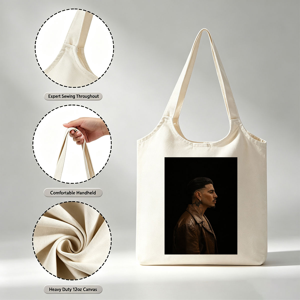 Bad Bunny in Profile Portrait Wearing Brown Leather Jacket Against Black Background - Canvas shoulder bags/