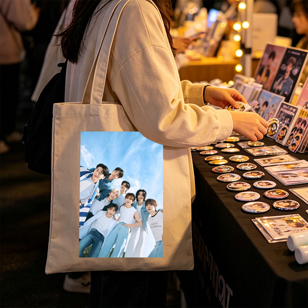 NACIFIC Band Members in Casual Outfits Posed Against a Bright Blue Sky - Canvas tote bags