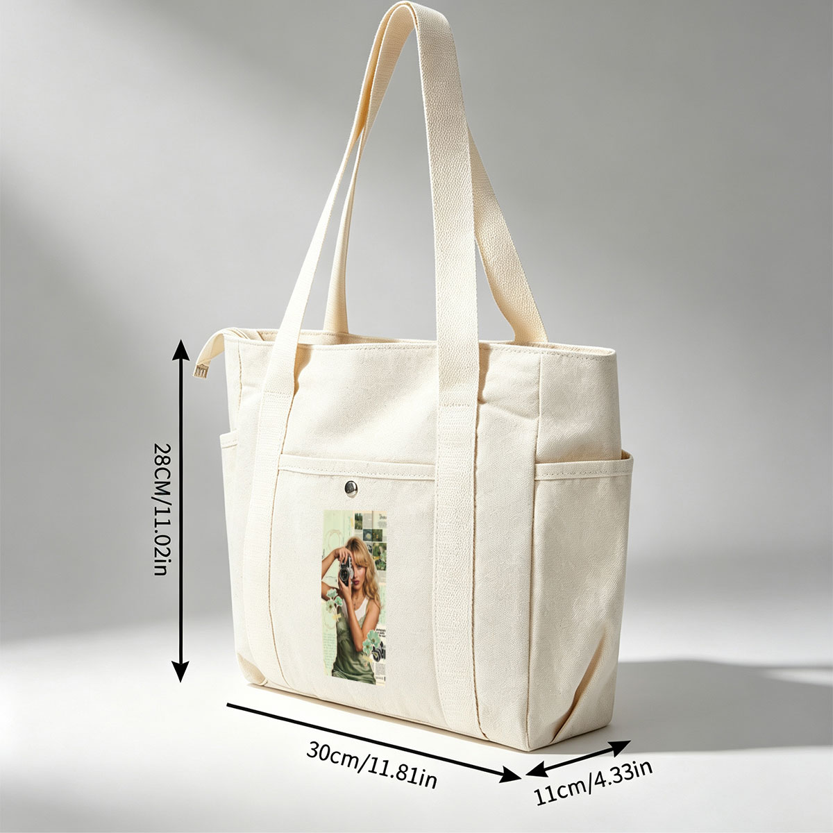 Margot Robbie Holding a Vintage Camera in a Collage-Style Portrait with Floral Elements and Photography Text Background - Multi-pocket bags